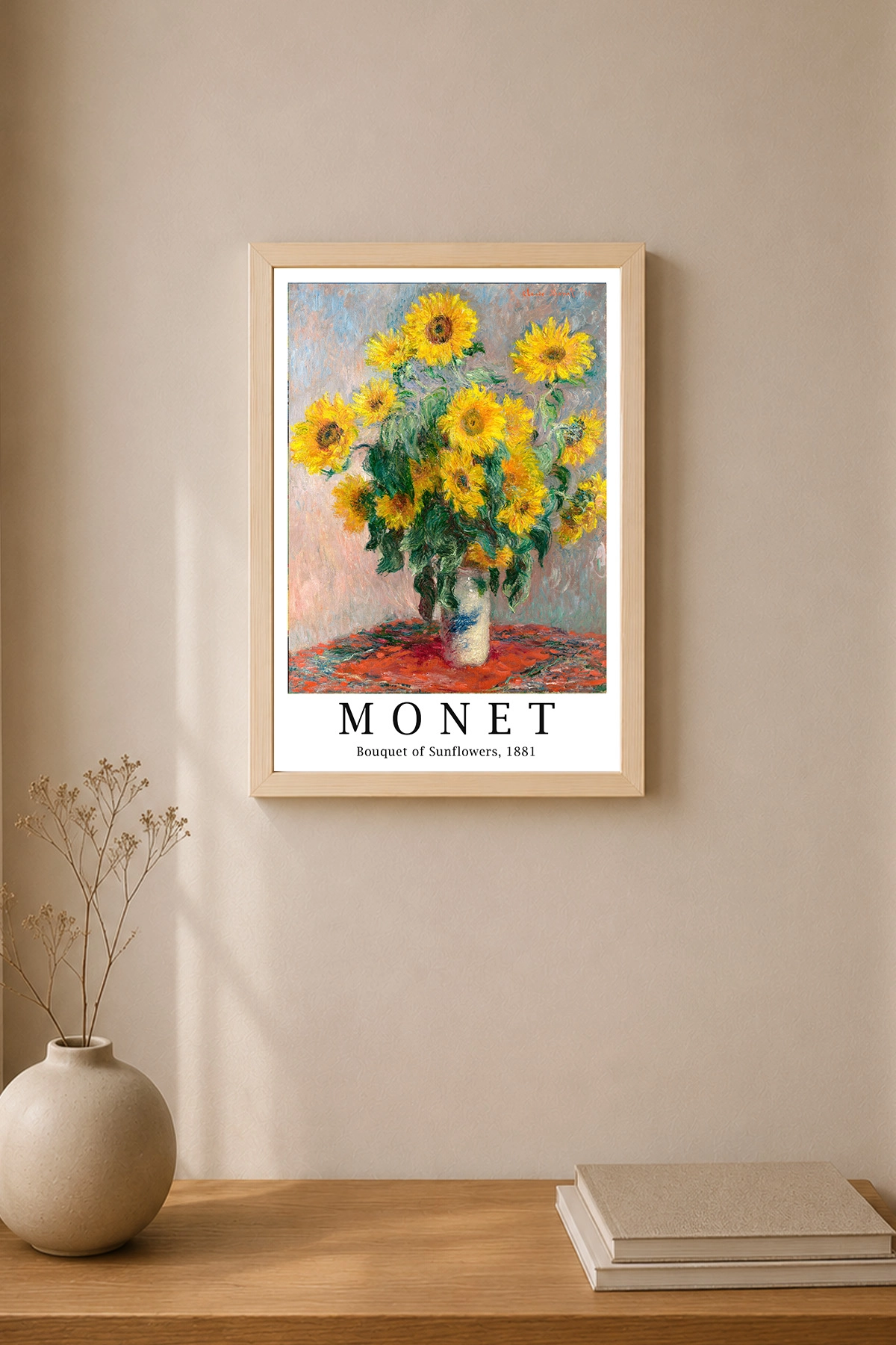 Monet Ayçiçeği Posterli Doğal Ahşap Çerçeve Tablo