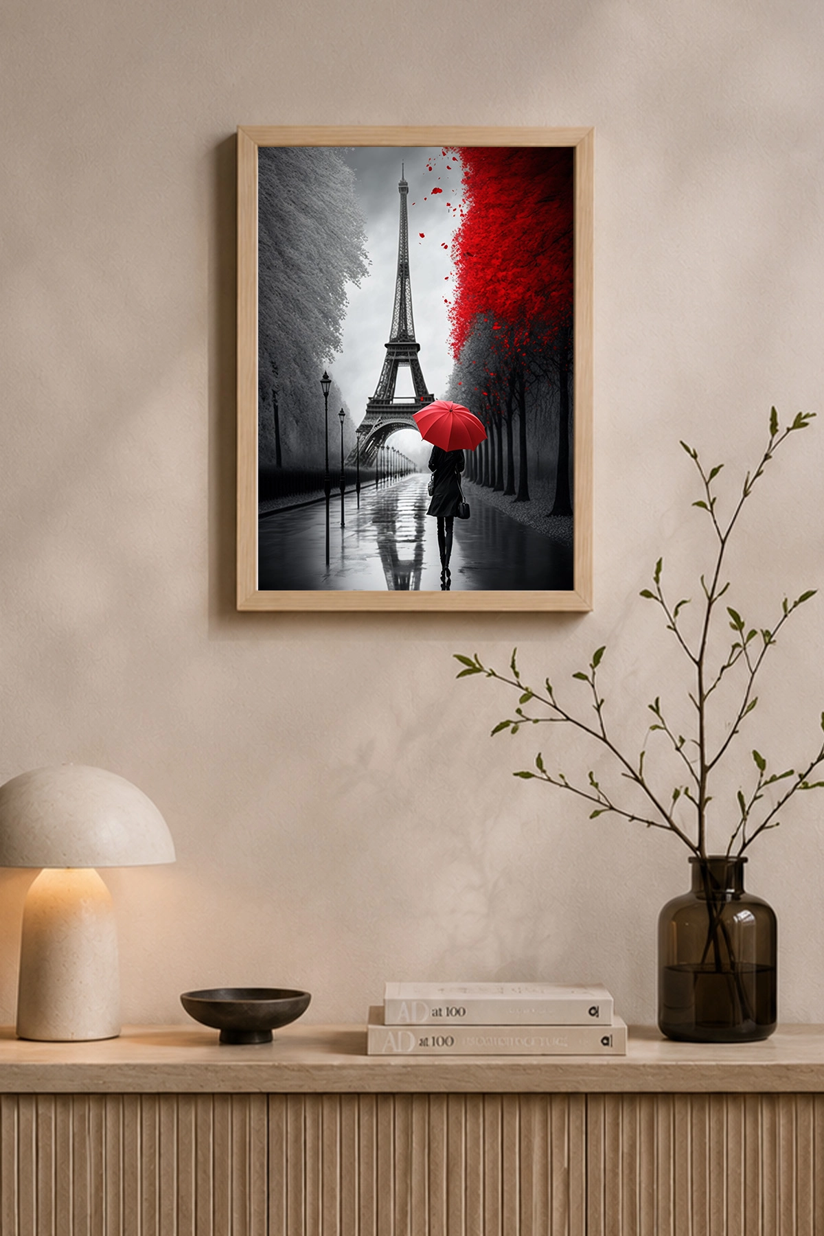 Paris Eyfel Kulesi Kırmızı Şemsiyeli Kadın Posterli Ahşap Çerçeve Tablo
