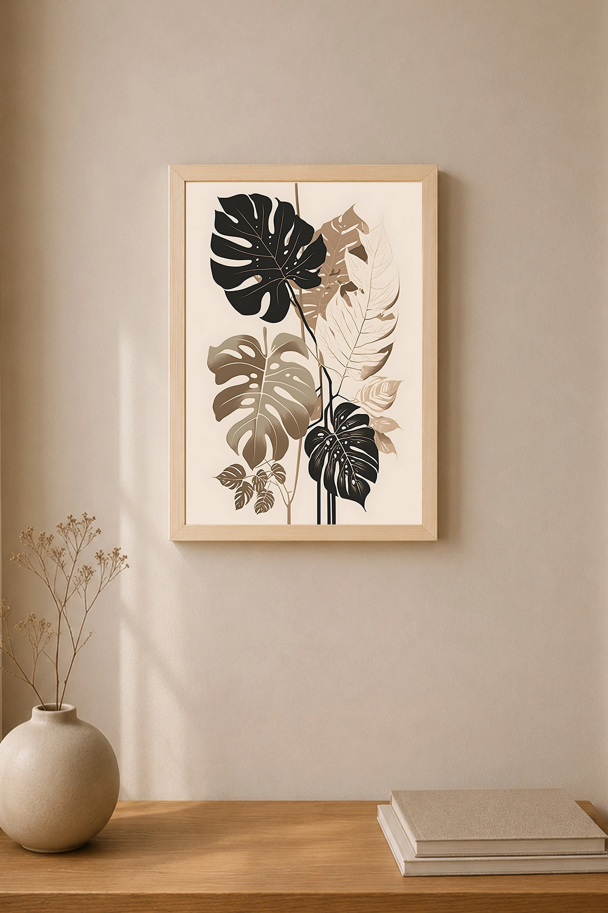 Minimal Çiçek Desenli Ahşap Çerçeveli Dekoratif Poster Tablo