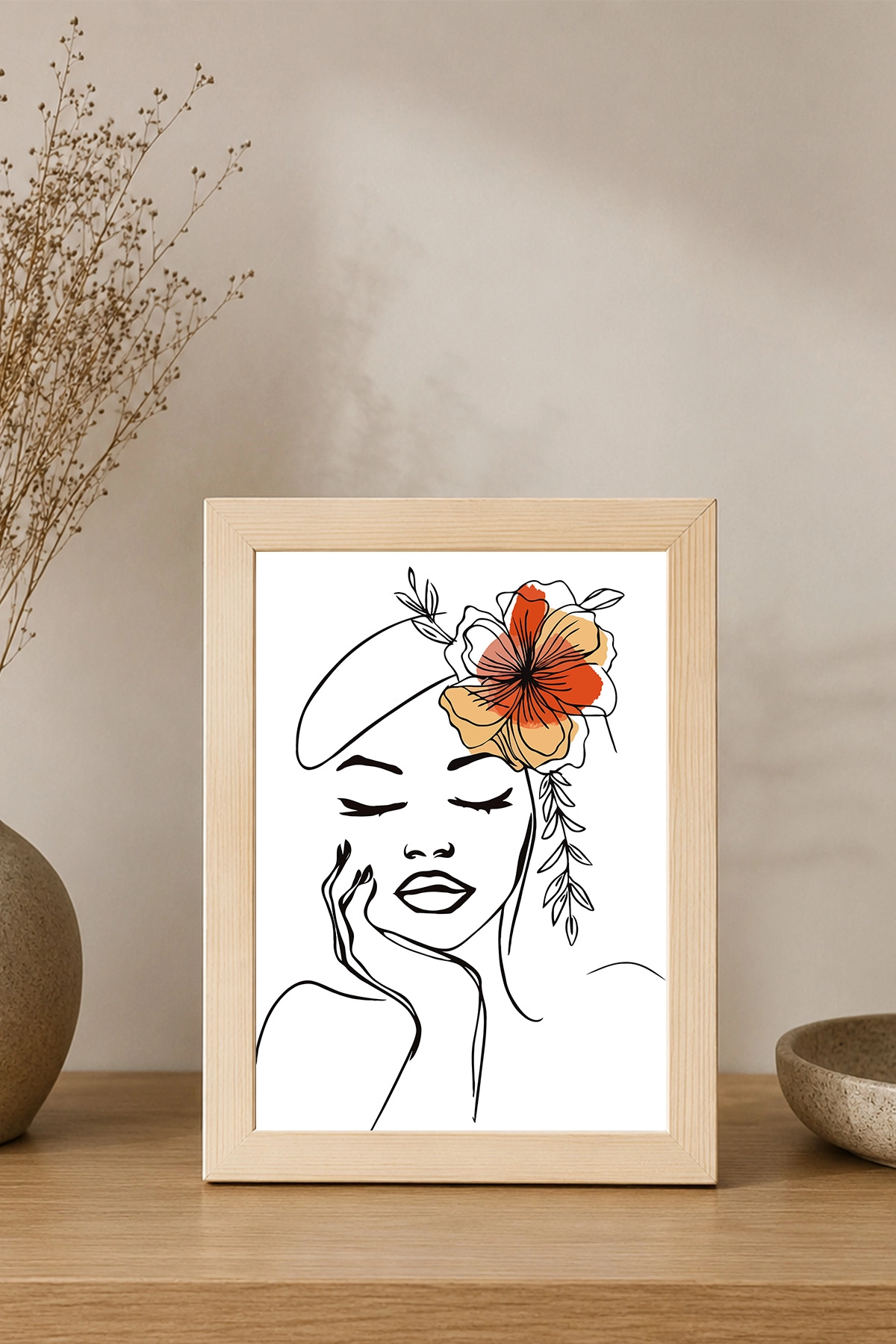 Minimal Kadın Çizim Posterli Ahşap Çerçeveli Dekoratif Tablo