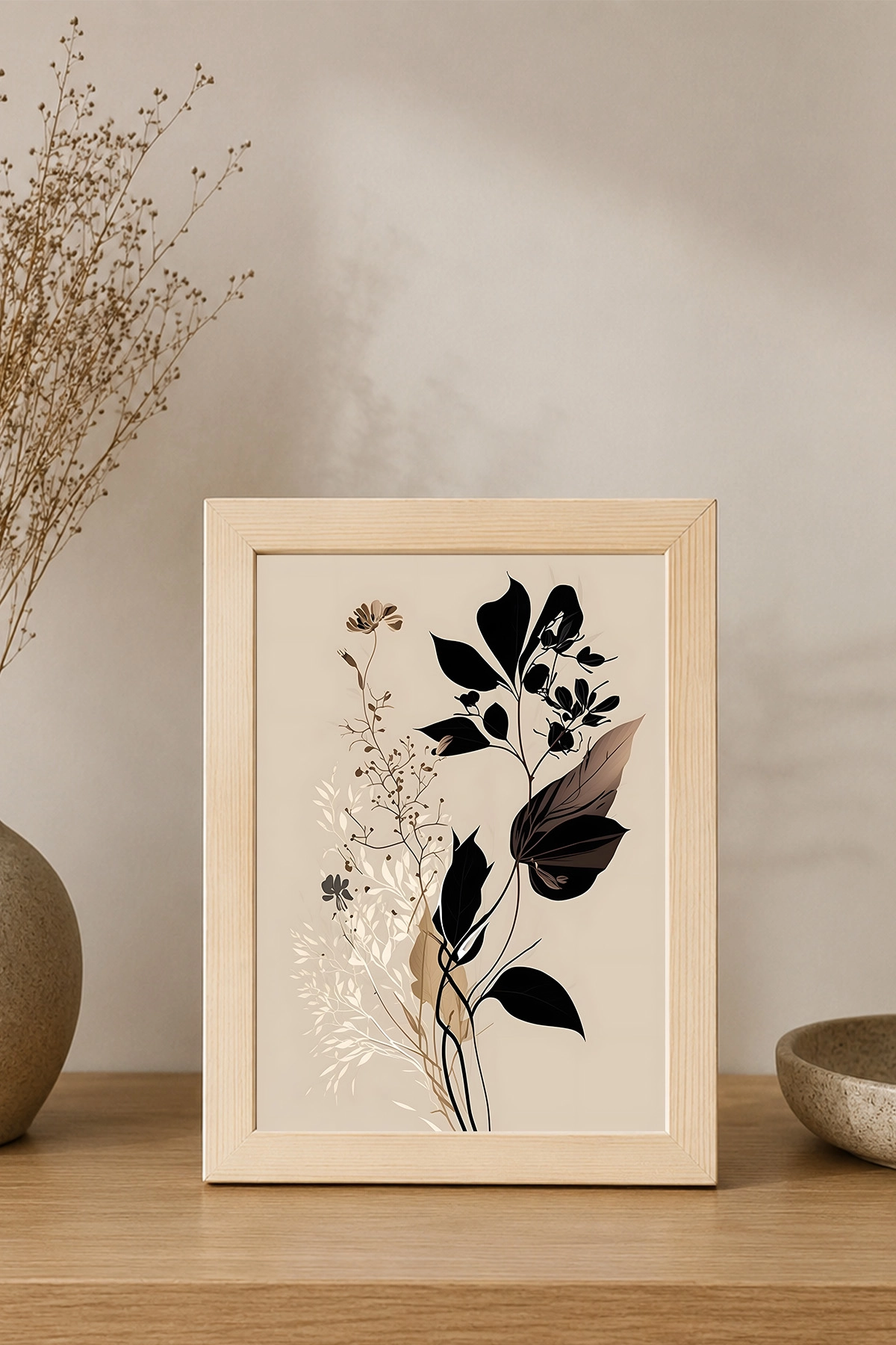 Minimal Siyah Bej Floral Posterli Ahşap Çerçeve Tablo