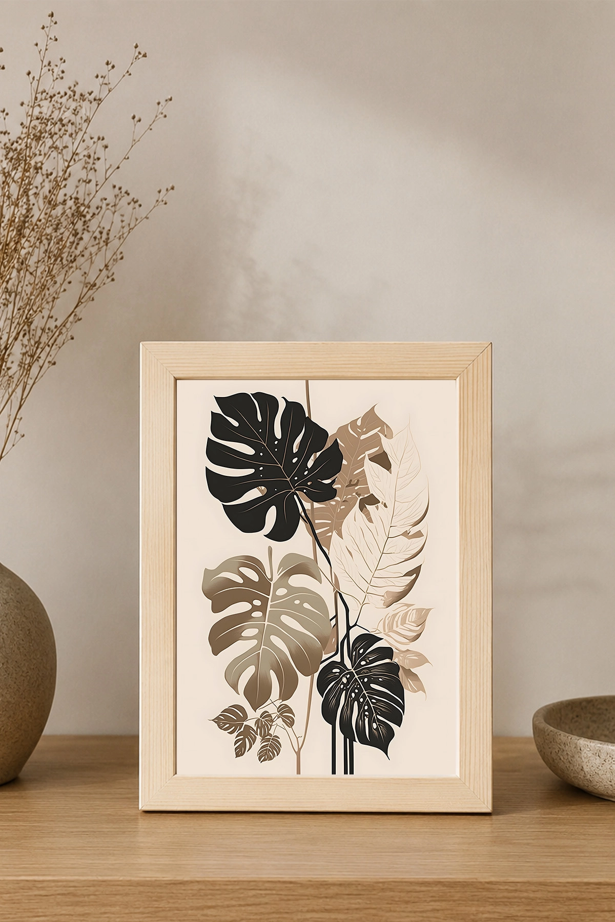 Minimal Çiçek Desenli Ahşap Çerçeveli Dekoratif Poster Tablo