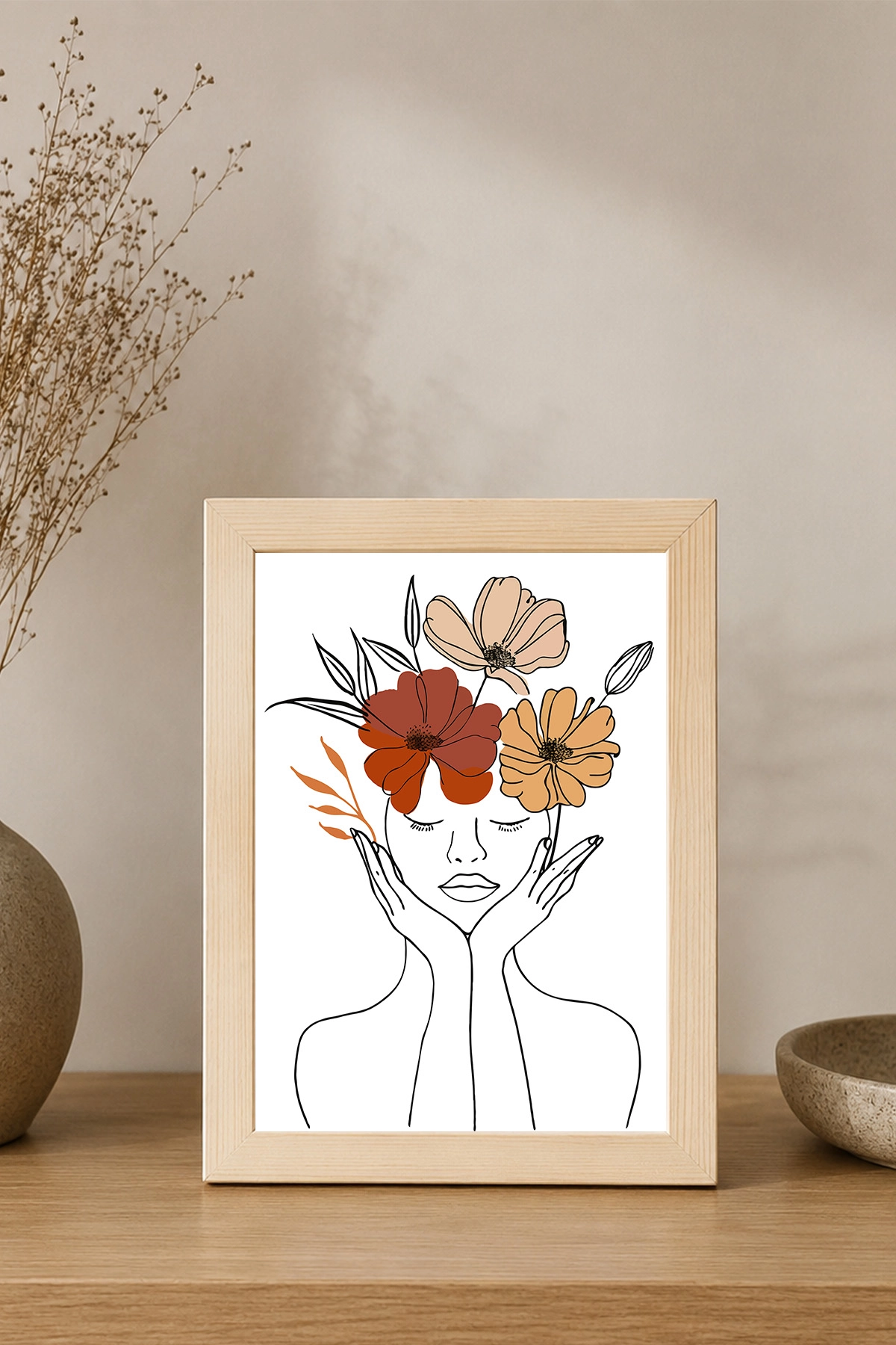 Minimal Kadın ve Çiçek Çizim Posterli Ahşap Çerçeveli Dekoratif Tablo