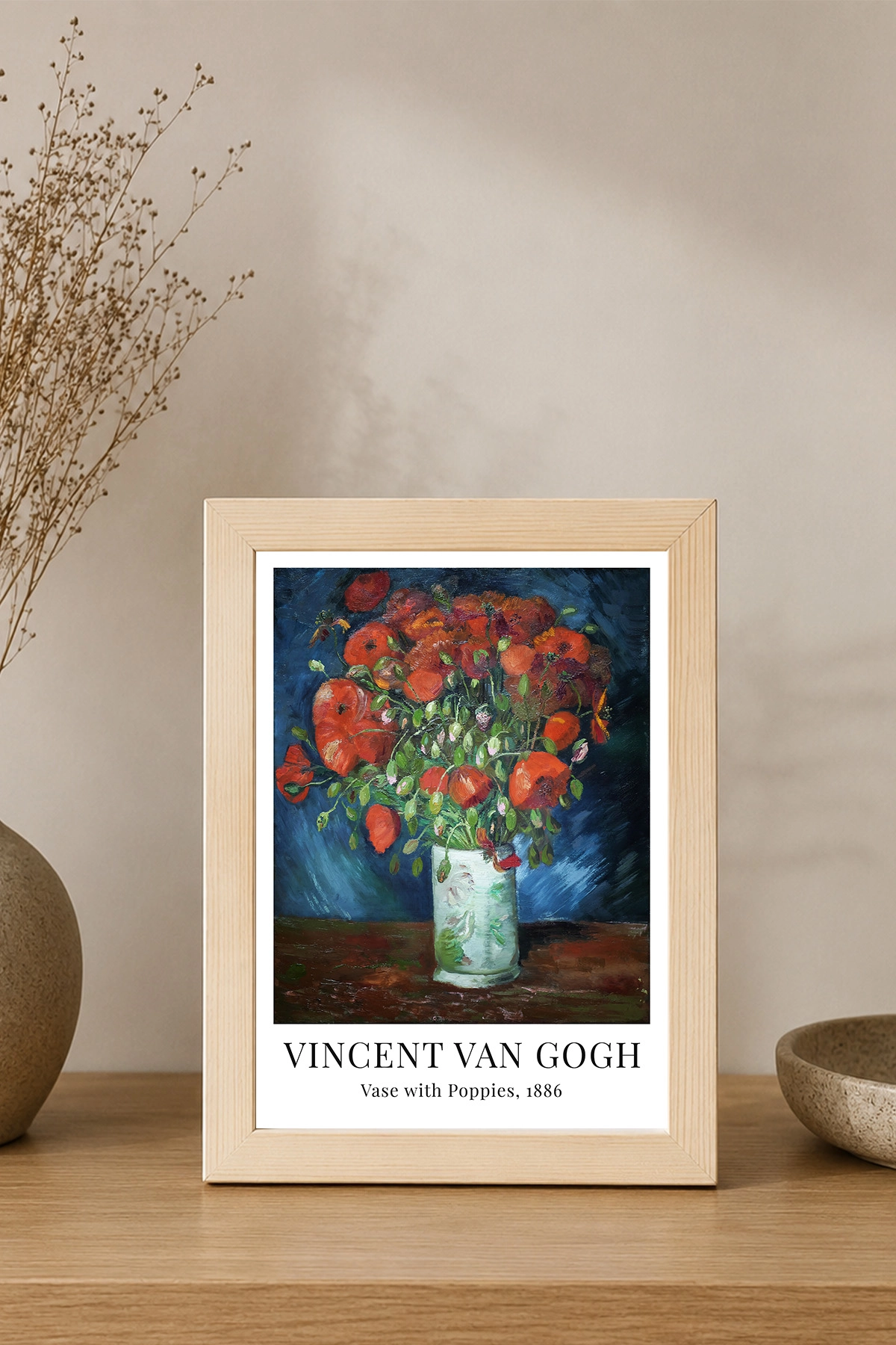 Van Gogh Kırmızı Çiçekler Posterli Doğal Ahşap Çerçeve Tablo