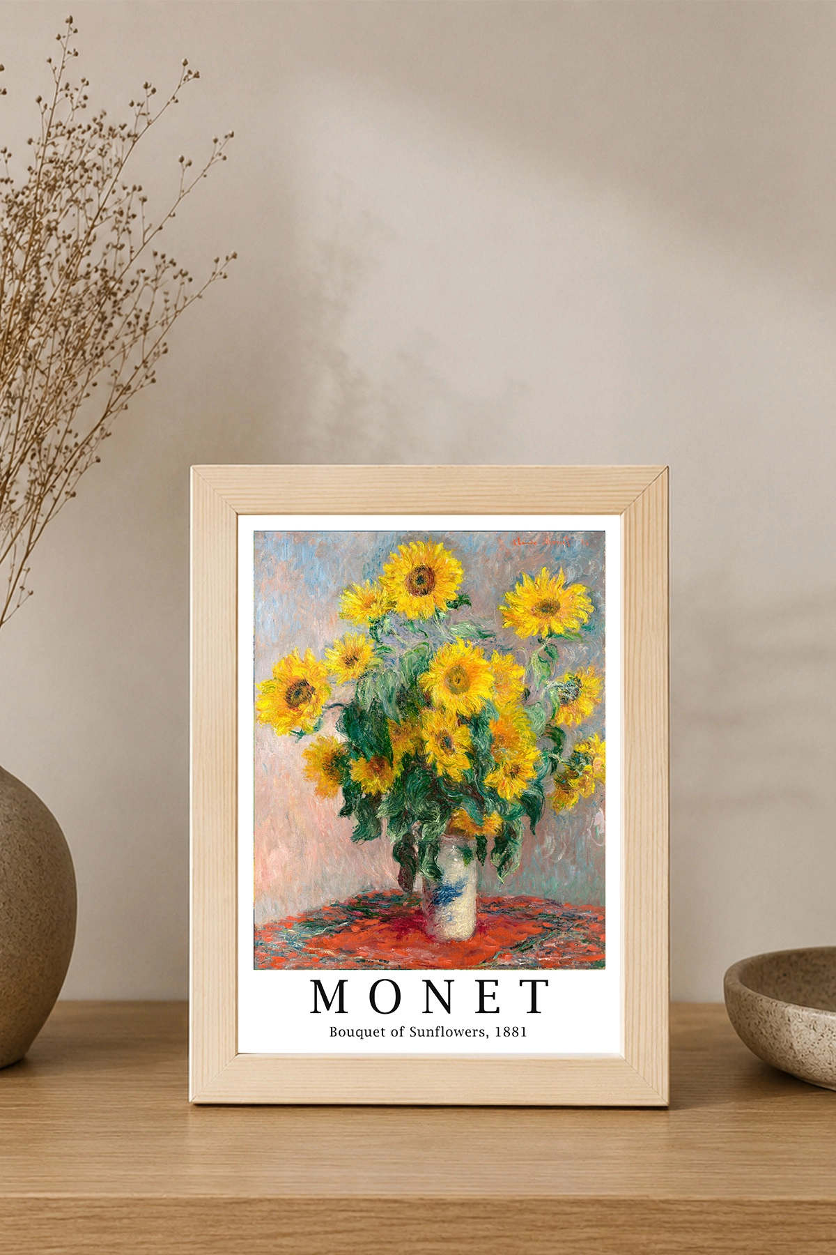 Monet Ayçiçeği Posterli Doğal Ahşap Çerçeve Tablo