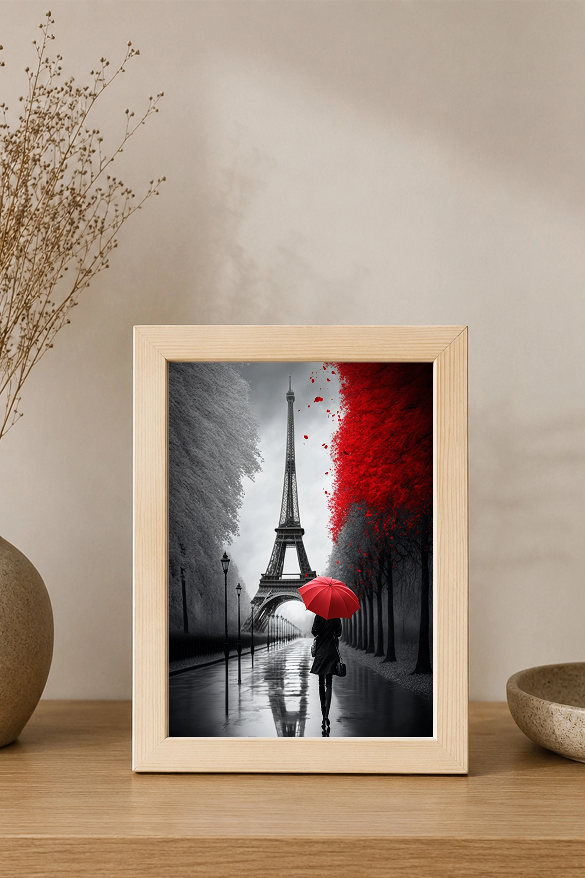 Paris Eyfel Kulesi Kırmızı Şemsiyeli Kadın Posterli Ahşap Çerçeve Tablo