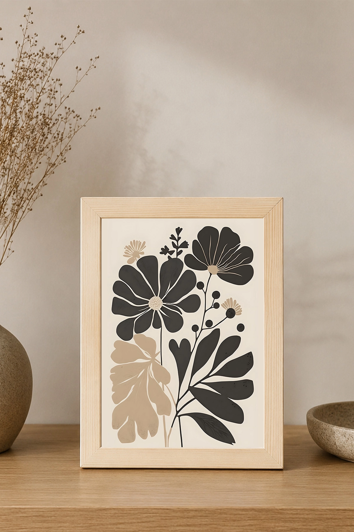 Minimal Çiçek Desenli Ahşap Çerçeveli Dekoratif Poster Tablo