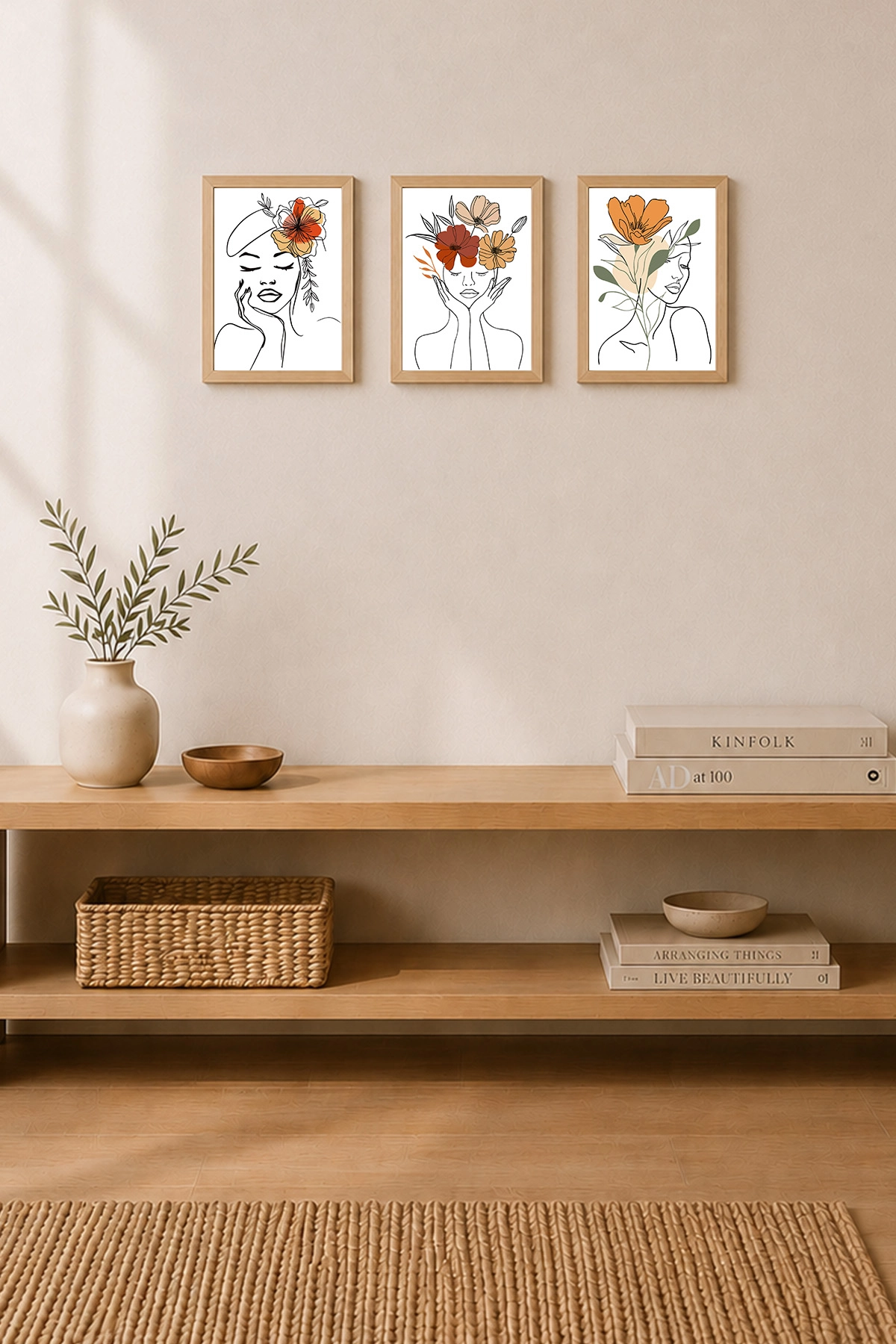 Minimal Kadın Çizimi 3’lü Çerçeveli Tablo Seti