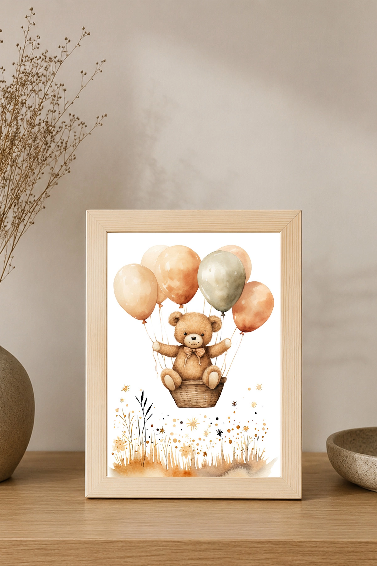 Balonlu Ayıcık Çocuk Odası Posterli Ahşap Çerçeve Tablo