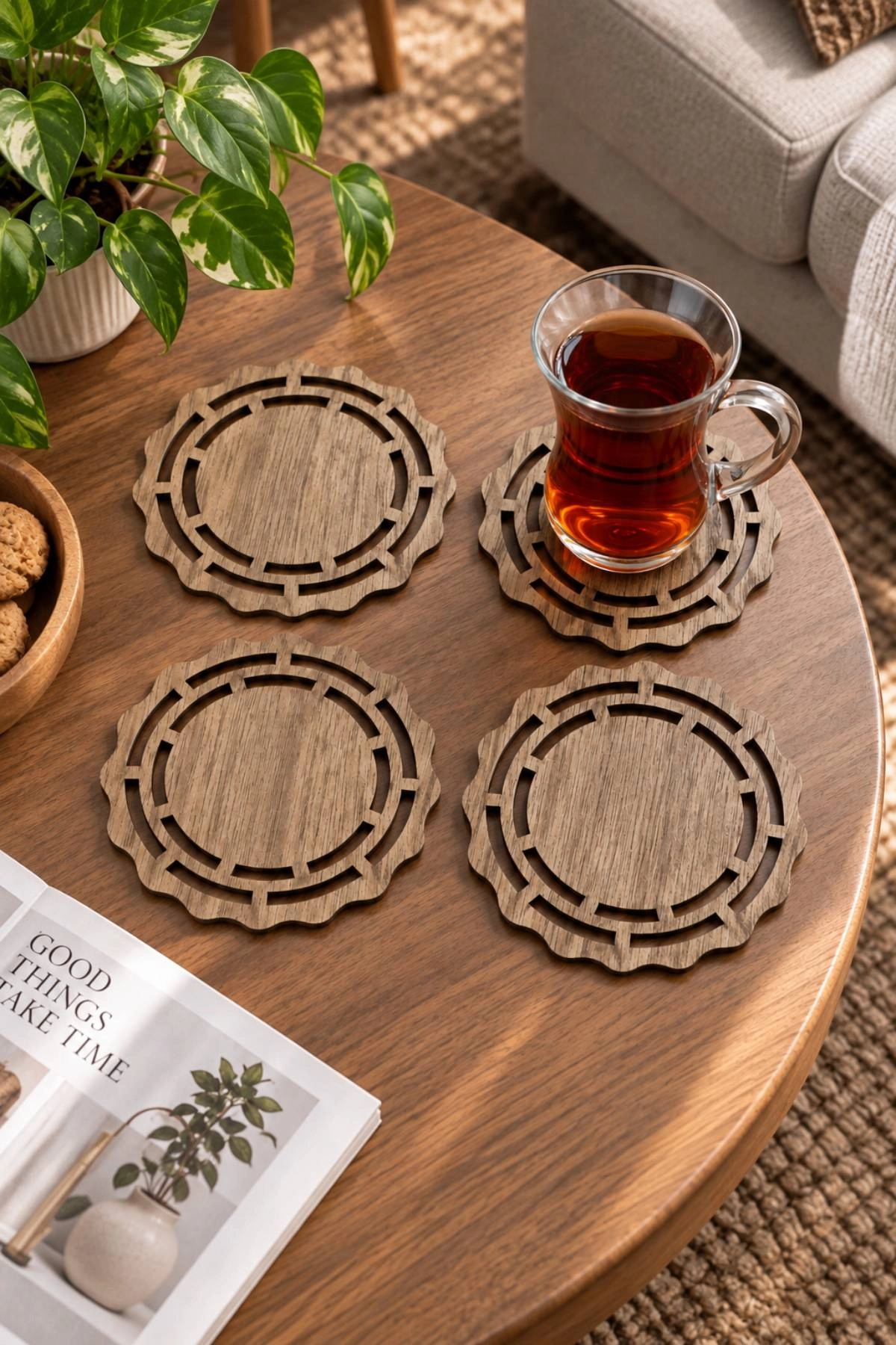 4’lü Ahşap Bardak Altlığı Seti Dekoratif Çay Kahve Kupa Altlığı