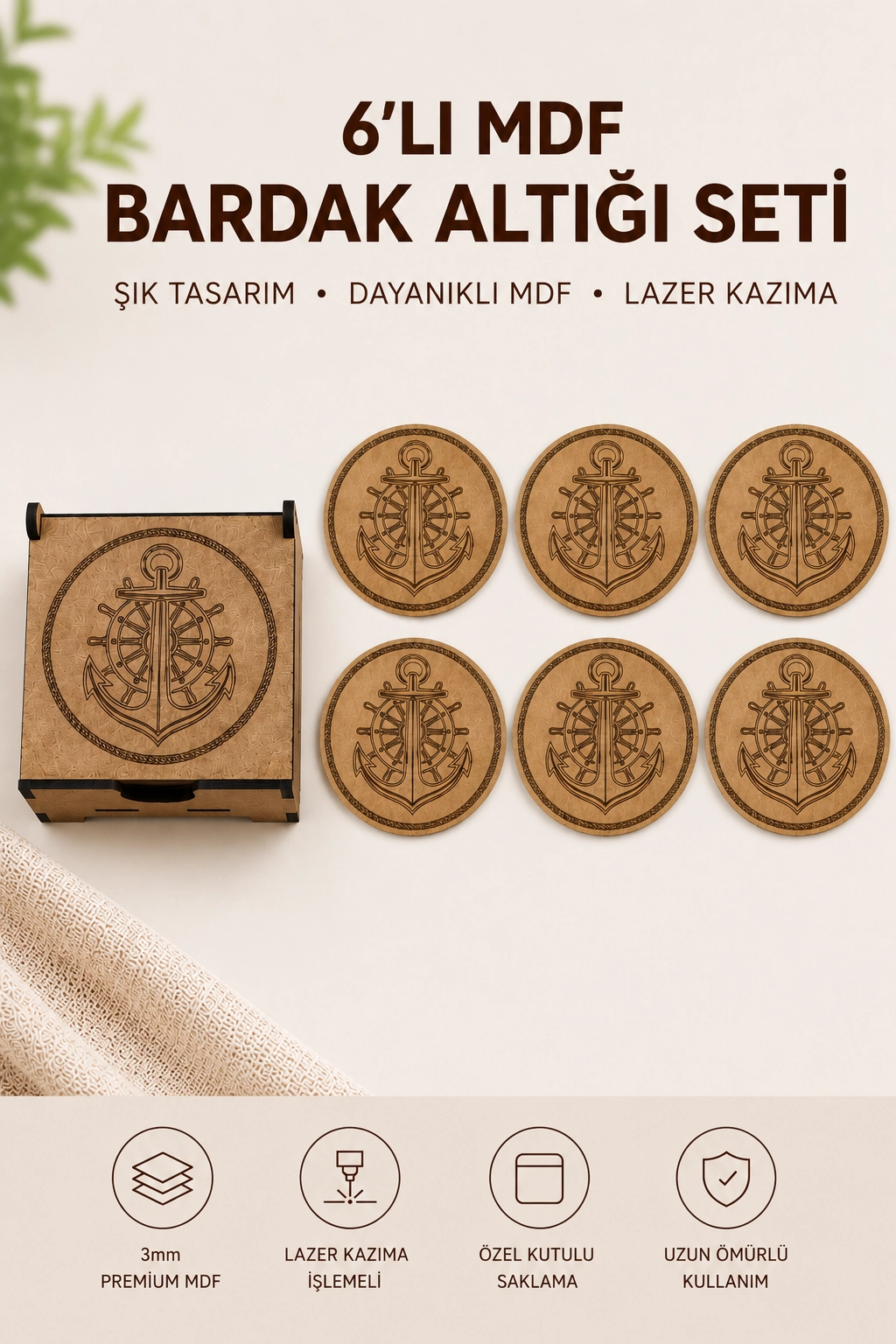 6’lı Çapa Desenli MDF Bardak Altlığı ve Standı