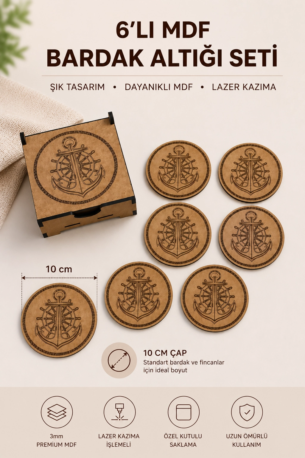 6’lı Çapa Desenli MDF Bardak Altlığı ve Standı