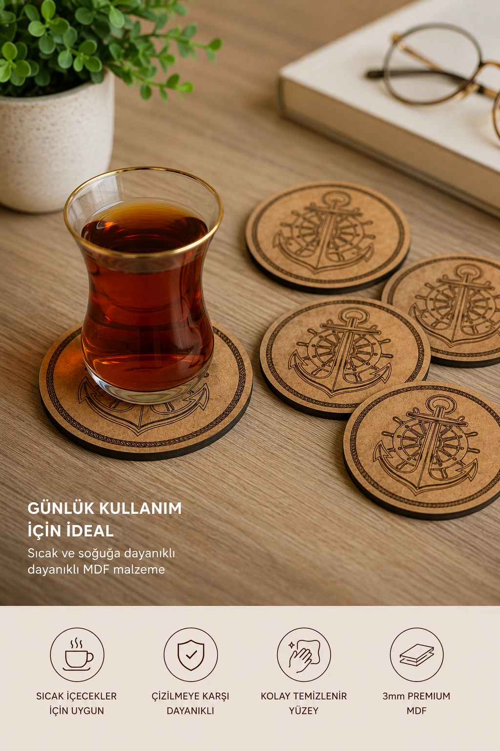 6’lı Çapa Desenli MDF Bardak Altlığı ve Standı
