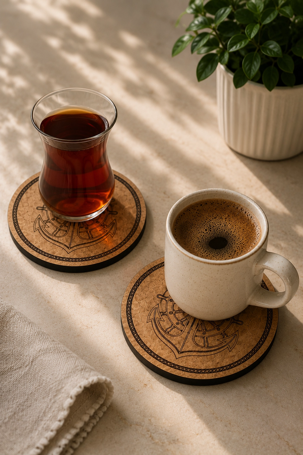 6’lı Çapa Desenli MDF Bardak Altlığı ve Standı