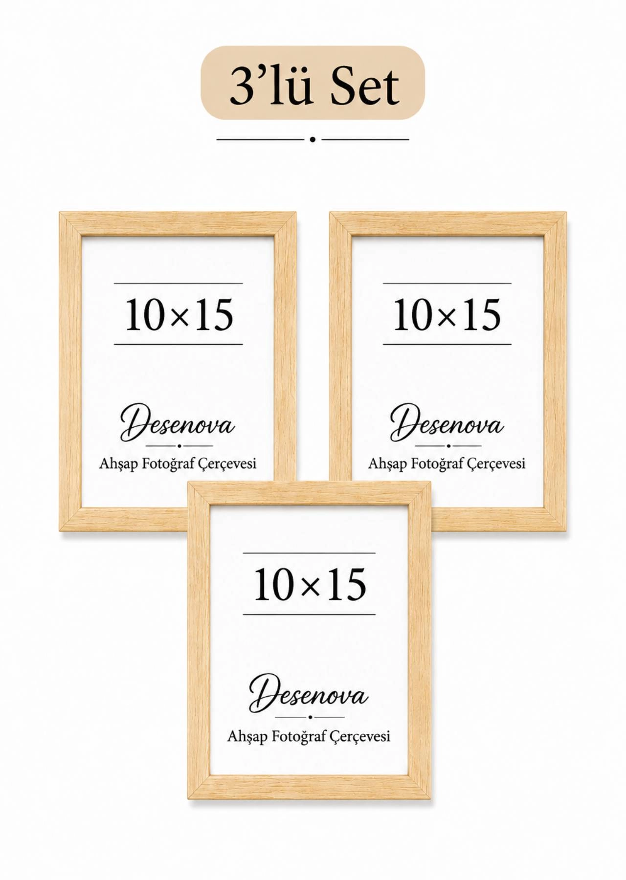 3’lü Set 10x15 cm Doğal Ahşap Fotoğraf Çerçevesi