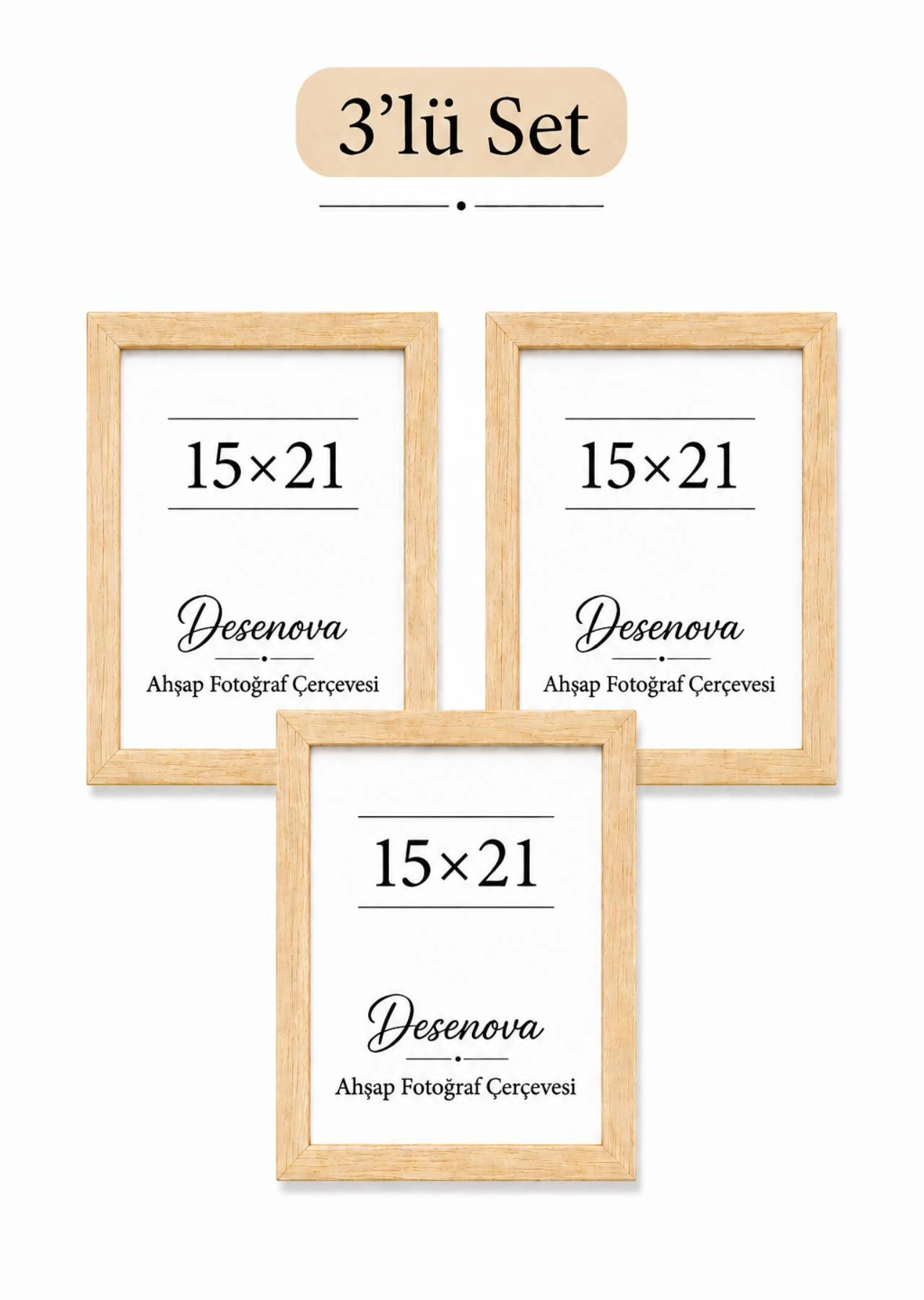 3’lü Set 15x21 cm Doğal Ahşap Fotoğraf Çerçevesi