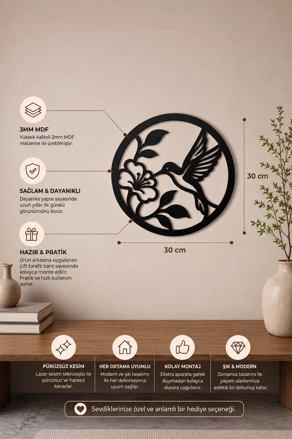 Sinek Kuşu ve Çiçek Temalı Dekoratif Duvar Süsü