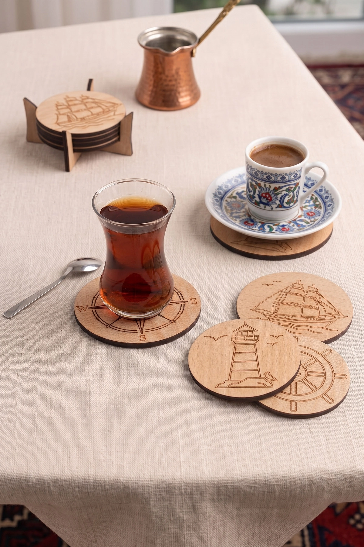 4’lü Deniz Temalı Kayın MDF Bardak Altlığı Seti ve Standı