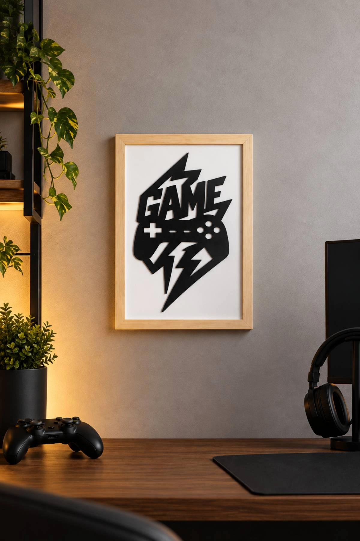 Gamepad Motifli Ahşap Çerçeveli Duvar Dekoru