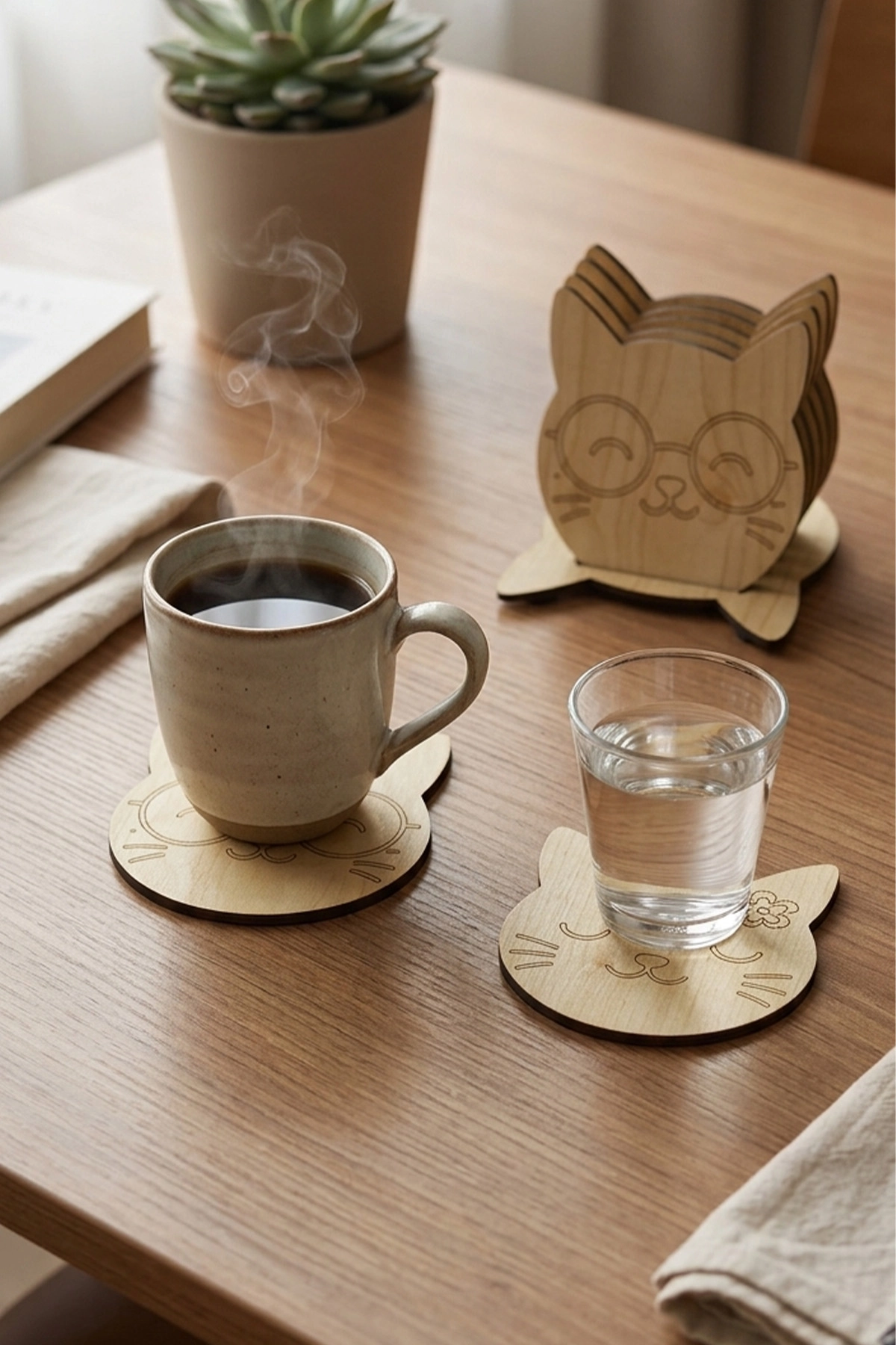 6’lı Kedi Figürlü MDF Bardak Altlığı  – Dekoratif Ahşap Çay & Kahve Altlığı