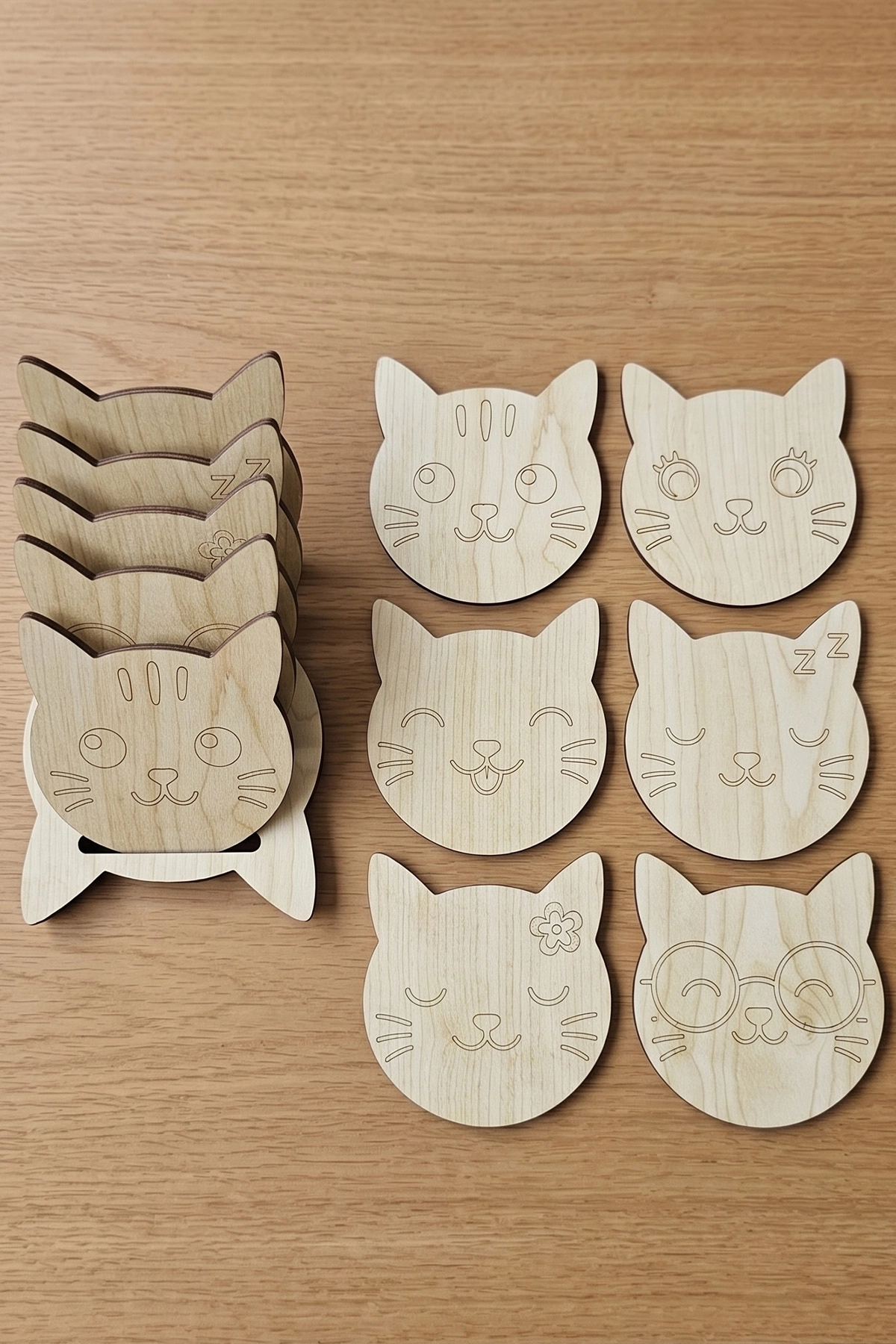 6’lı Kedi Figürlü MDF Bardak Altlığı  – Dekoratif Ahşap Çay & Kahve Altlığı