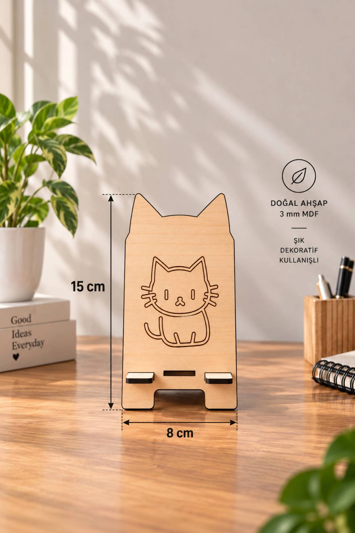 Kedi Figürlü Ahşap Telefon Tutacağı