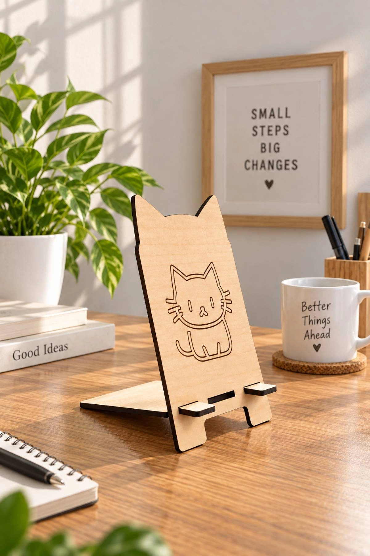 Kedi Figürlü Ahşap Telefon Tutacağı