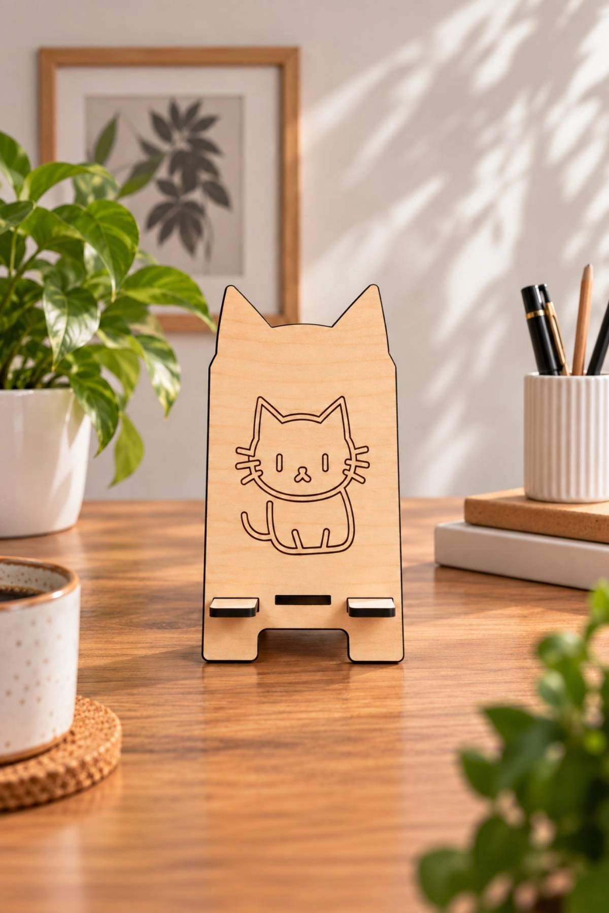 Kedi Figürlü Ahşap Telefon Tutacağı