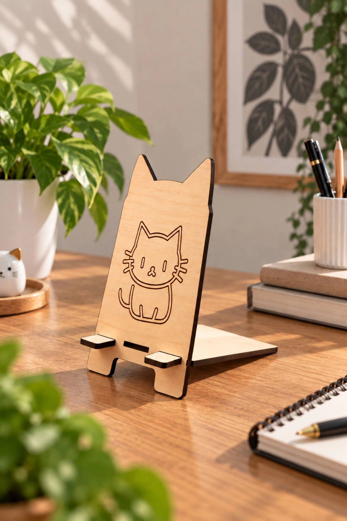 Kedi Figürlü Ahşap Telefon Tutacağı