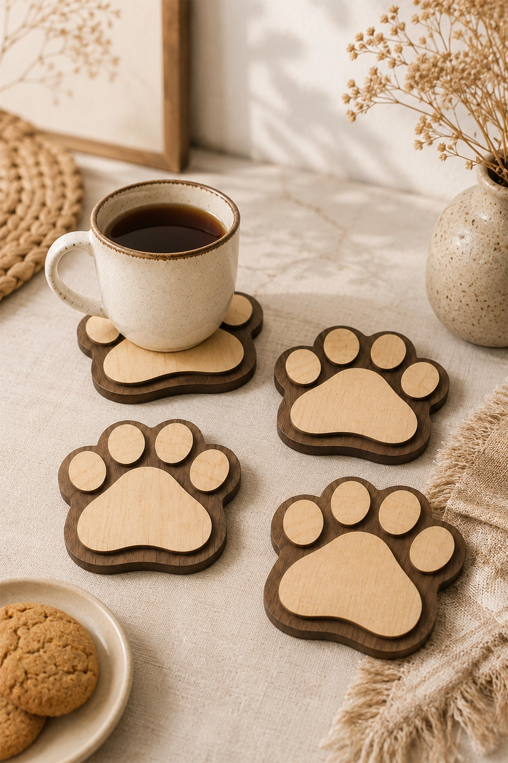4’lü Kedi Patisi Ahşap Bardak Altlığı Seti