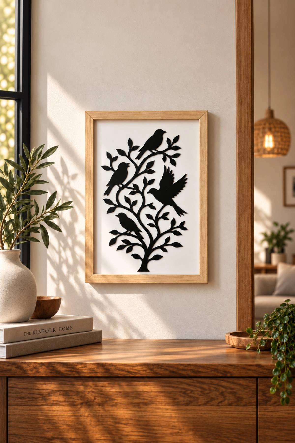 Kuş Motifli Dekoratif Ahşap Çerçeveli Duvar Dekoru