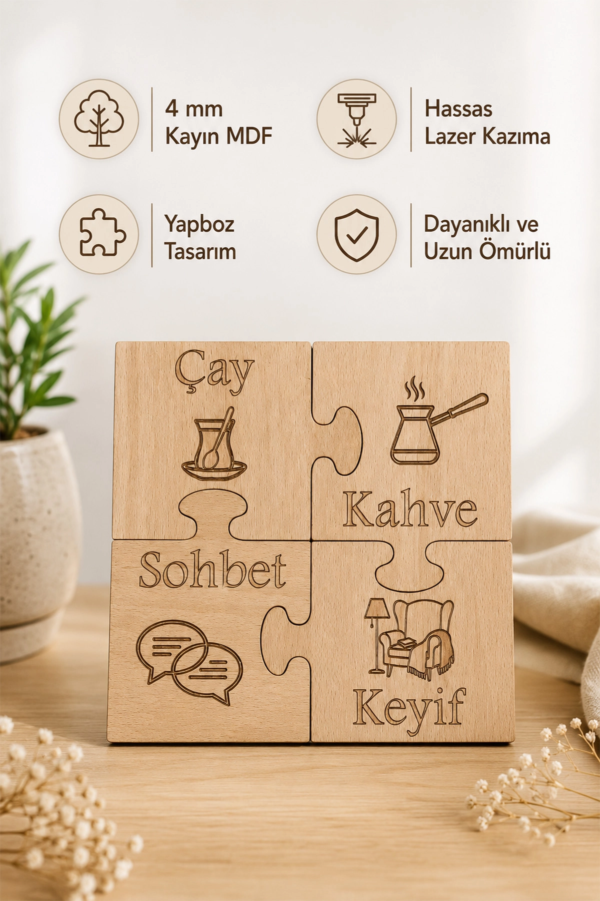4’lü Puzzle Kayın MDF Bardak Altlığı Seti