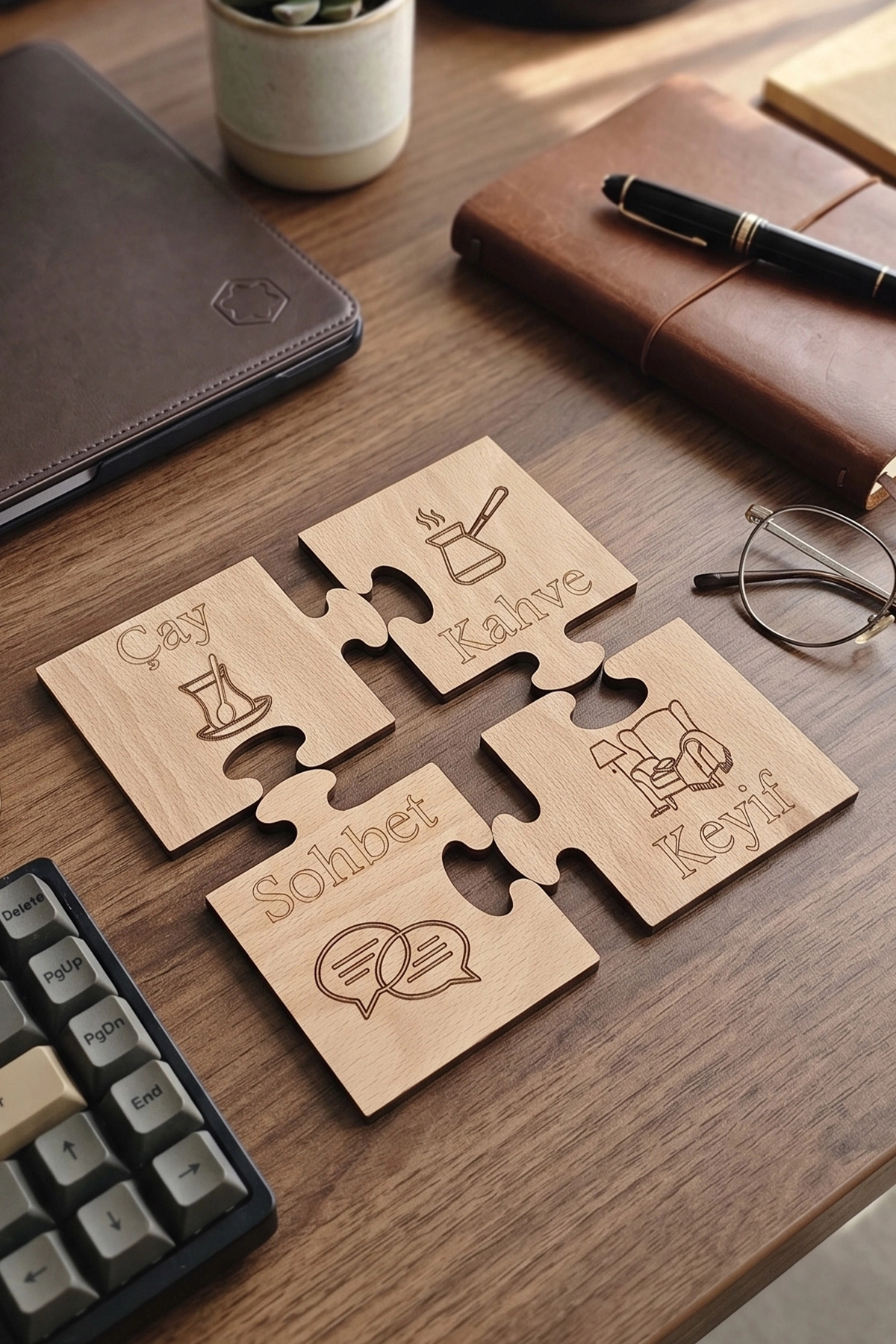 4’lü Puzzle Kayın MDF Bardak Altlığı Seti