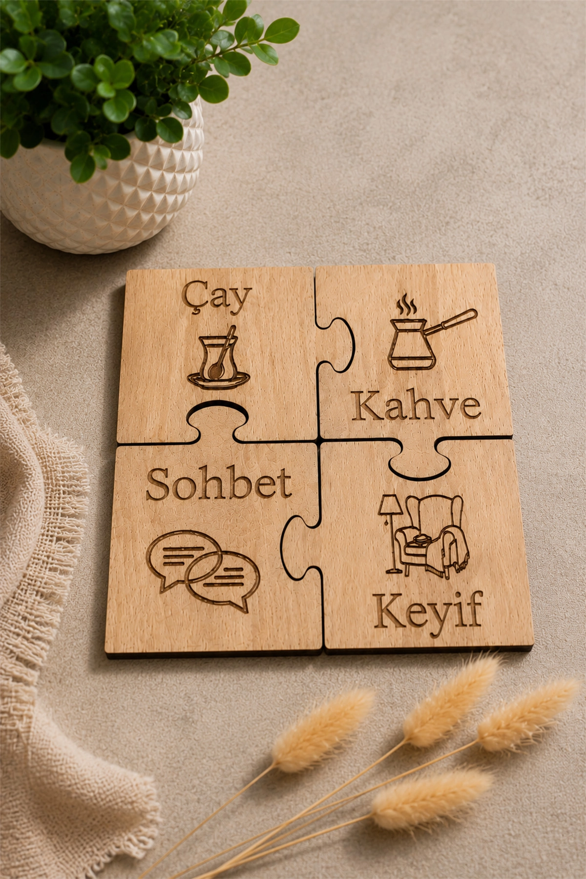 4’lü Puzzle Kayın MDF Bardak Altlığı Seti