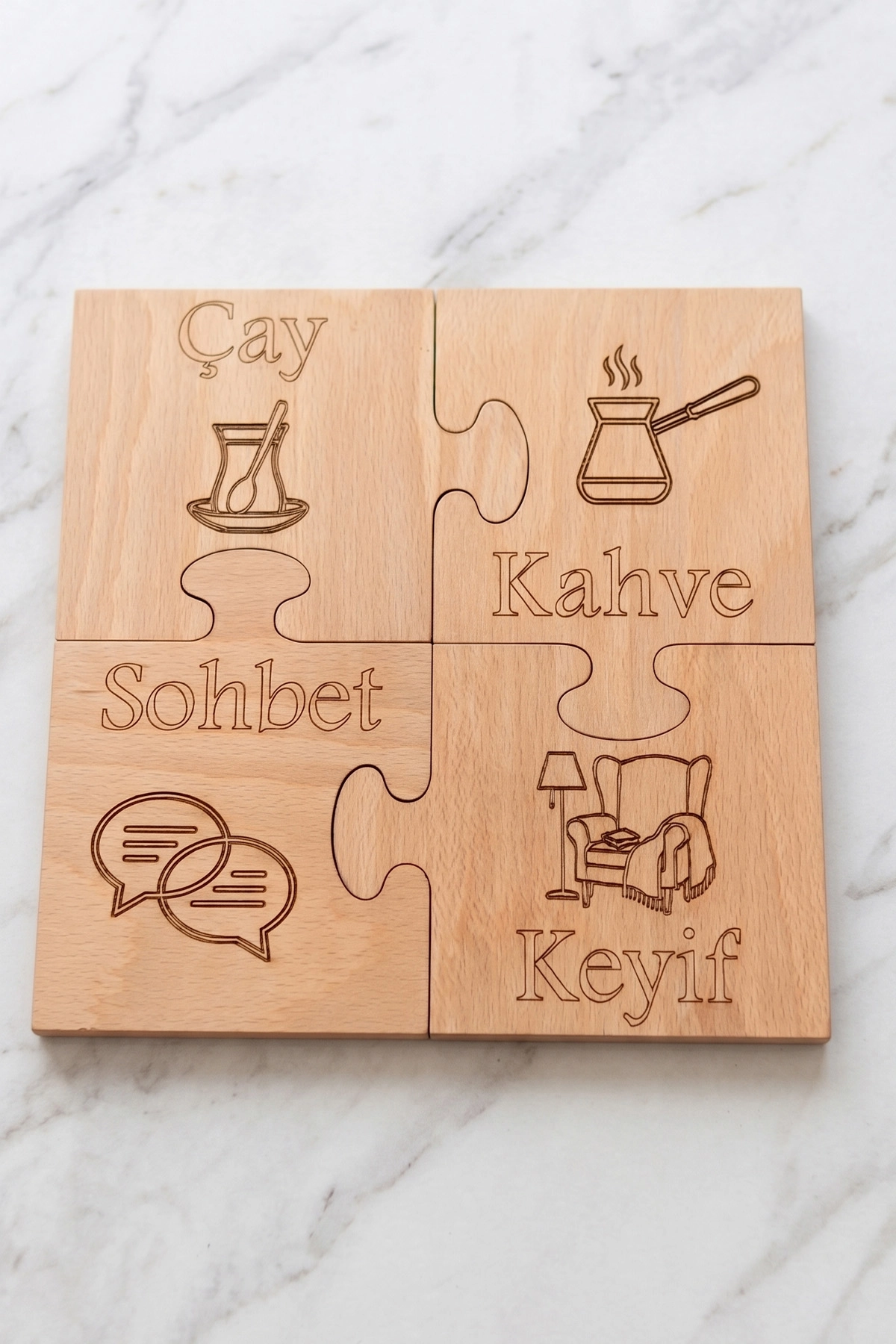 4’lü Puzzle Kayın MDF Bardak Altlığı Seti