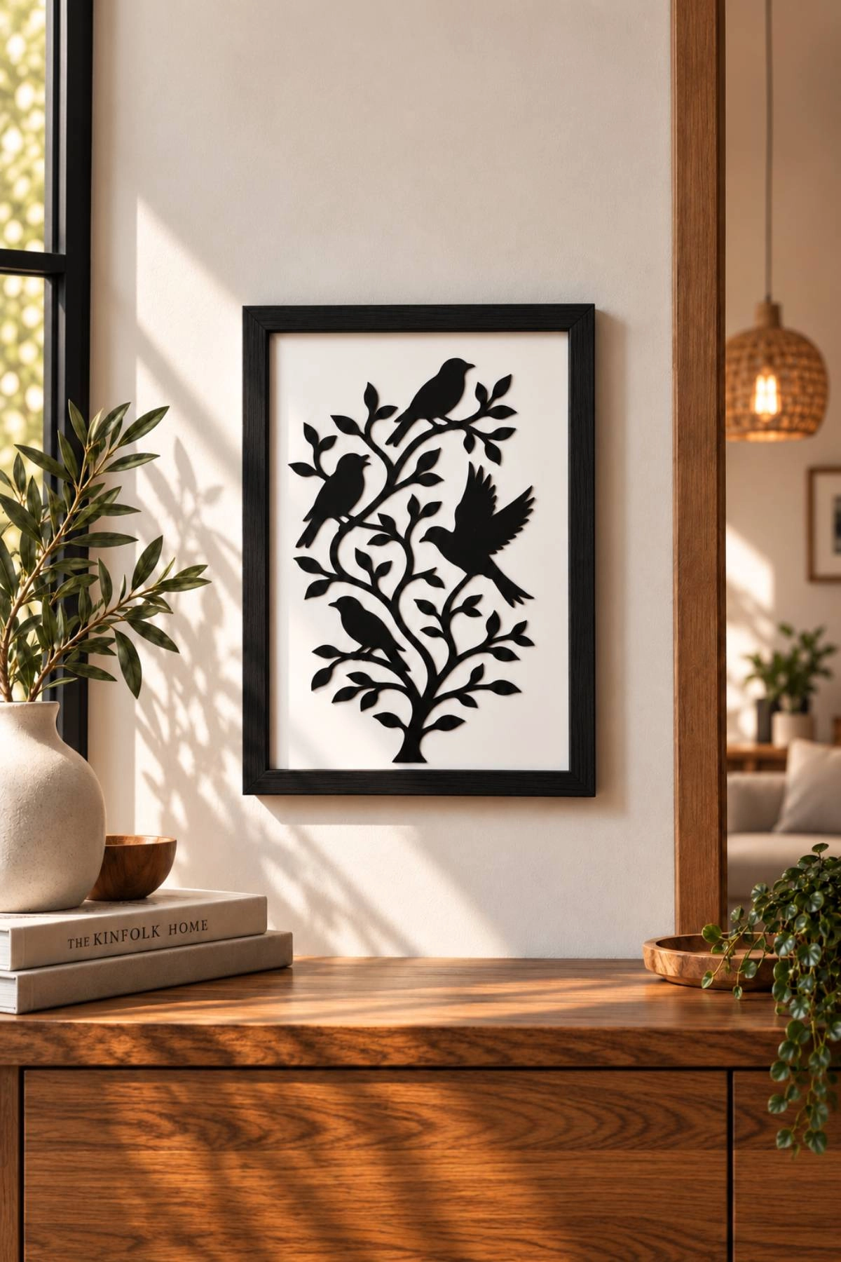 Kuş Motifli Siyah Ahşap Çerçeveli Duvar Dekoru