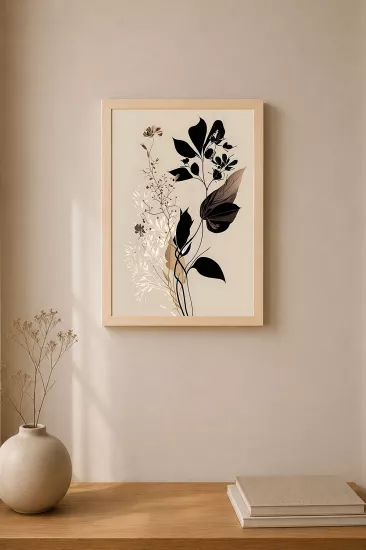 Minimal Floral Temalı Ahşap Çerçeveli Tablo