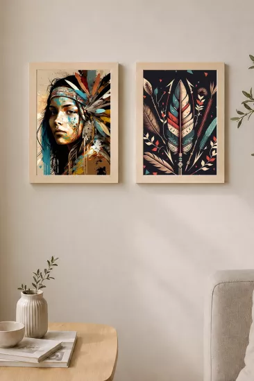 Boho Kızılderili 2’li Ahşap Çerçeveli Tablo Seti