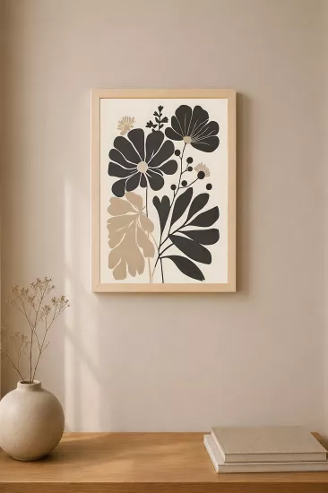 Minimal Çiçek Temalı Ahşap Çerçeveli Modern Tablo
