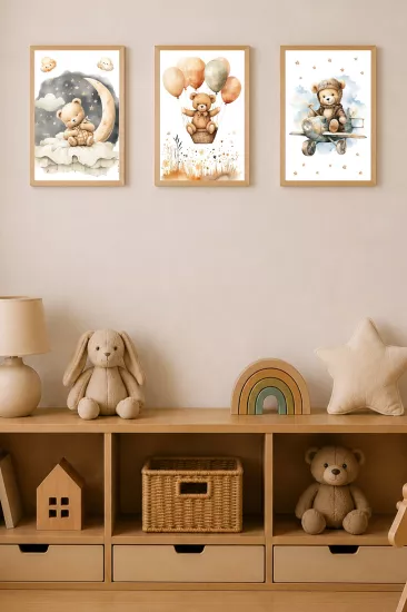 Sevimli Ayıcık Ahşap Çerçeveli 3’lü Poster Seti