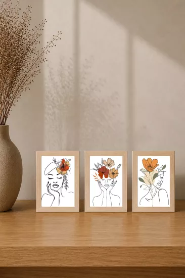 Minimal Floral Kadın Figürlü Çerçeveli 3’lü Tablo