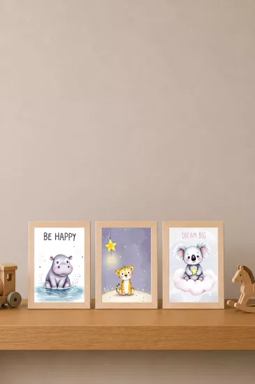 Sevimli Hayvanlar Ahşap Çerçeveli 3’lü Poster Seti