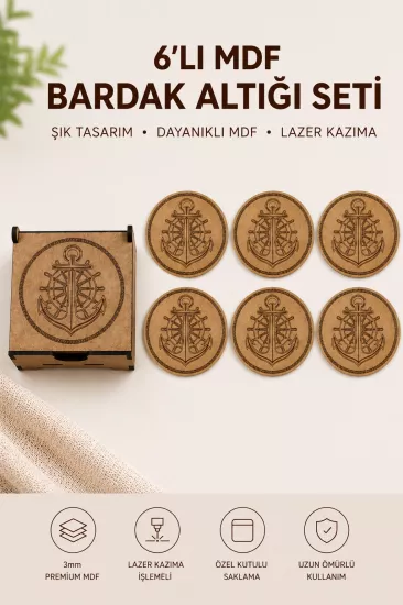 6’lı Çapa Desenli MDF Bardak Altlığı ve Standı