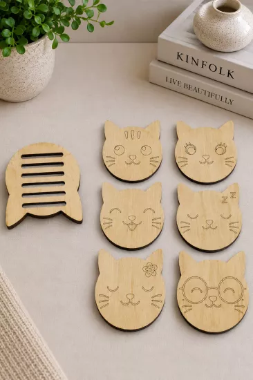 6’lı Kedi Figürlü MDF Bardak Altlığı Seti