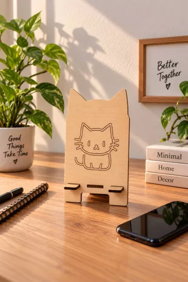 Kedi Figürlü Ahşap Telefon Tutacağı