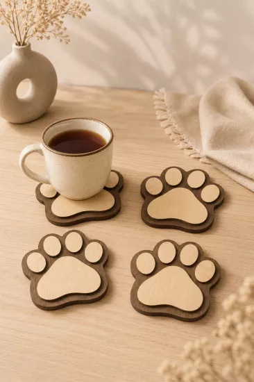 4’lü Kedi Patisi Ahşap Bardak Altlığı Seti