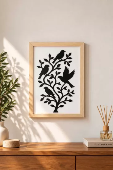 Kuş Motifli Dekoratif Ahşap Çerçeveli Duvar Dekoru