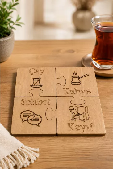 4’lü Puzzle Kayın MDF Bardak Altlığı Seti