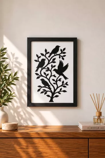 Kuş Motifli Siyah Ahşap Çerçeveli Duvar Dekoru
