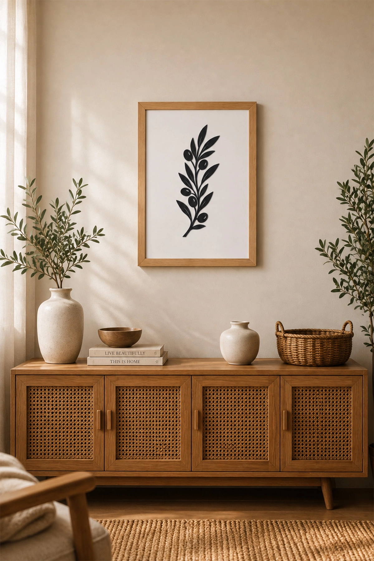 Zeytin Dalı Motifli Siyah MDF Çerçeveli Duvar Dekoru
